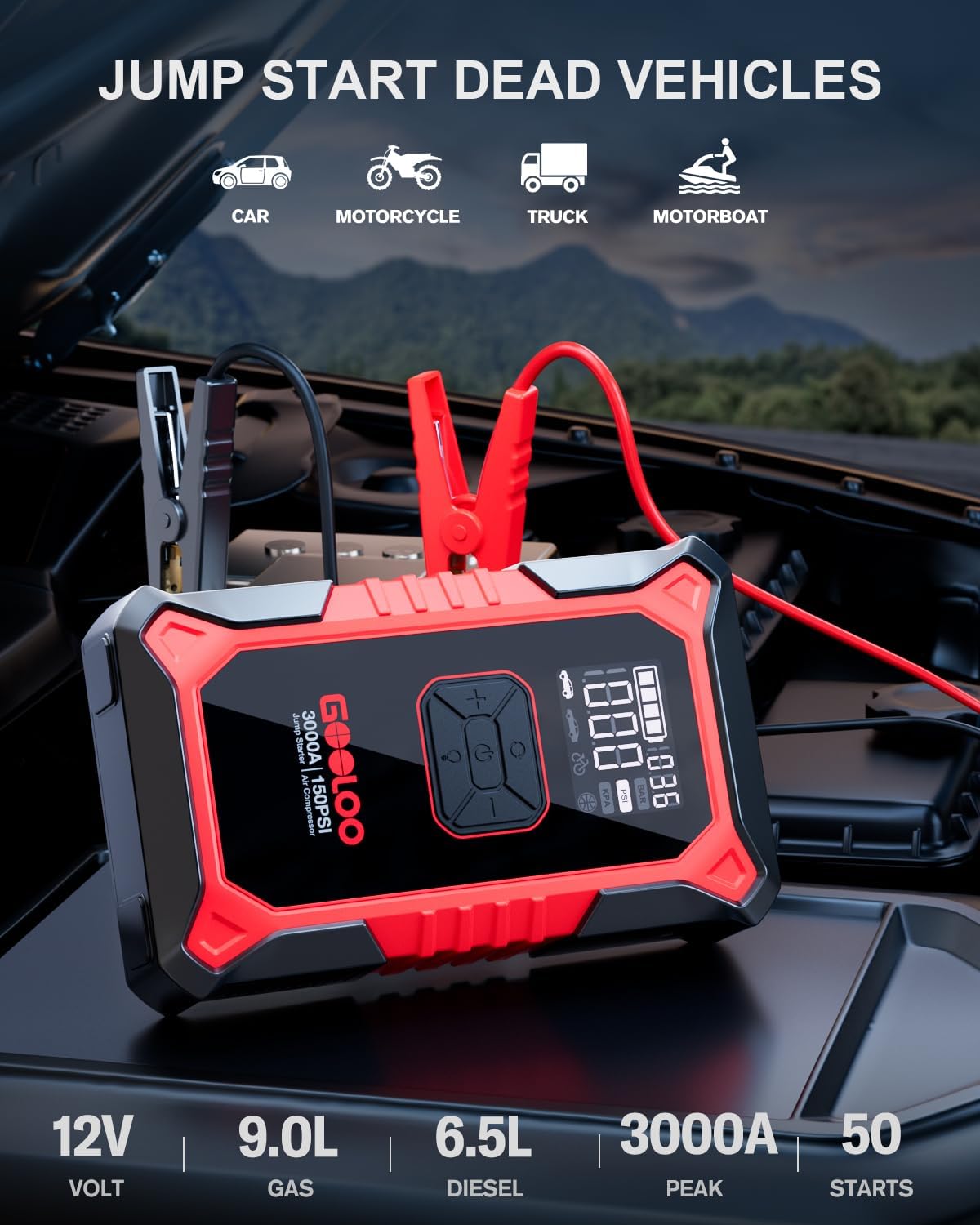 3000A Portable Car Battery Booster with 150PSI Tire Inflator B9530