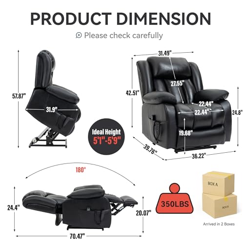 Electric Power Lift Recliner Chair with Genuine Leather Upholstery (Black) S3605