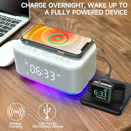 Gray Digital Alarm Clock with Bluetooth Speaker and Wireless Charger C580