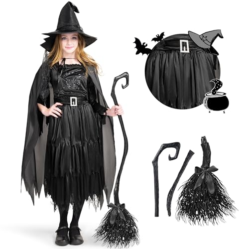 Classic Kids Witch Costume Black Witch Dress with Broom and Hat XL Q3327