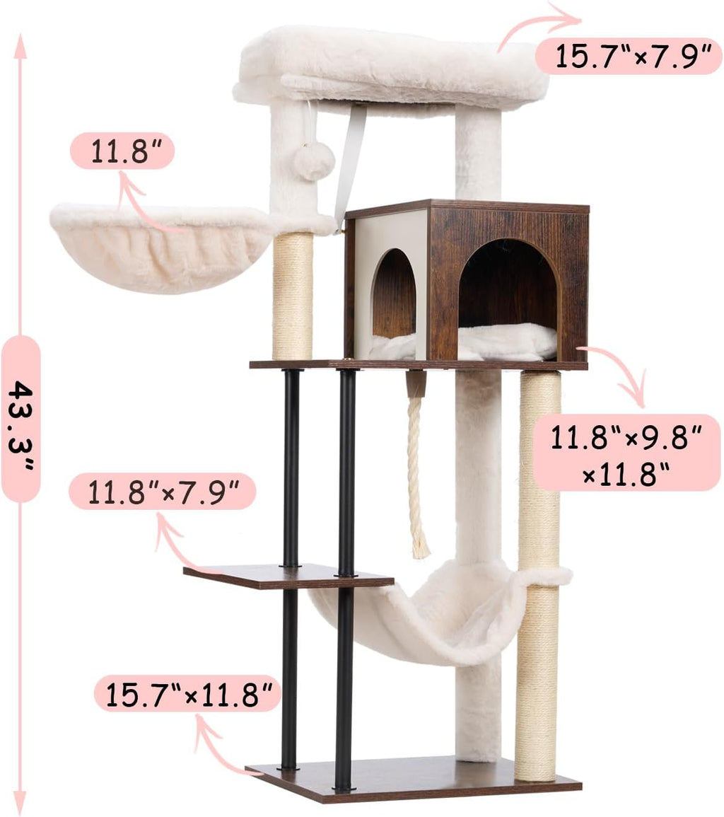 Rustic Brown 43.3in Wood Cat Tree with Sisal Rope Scratching Post V58118