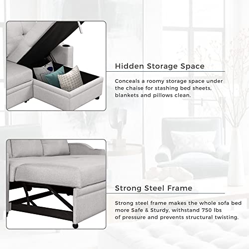 80.3" Linen Fabric 3 Seater Sofa Bed with Storage Chaise W6260
