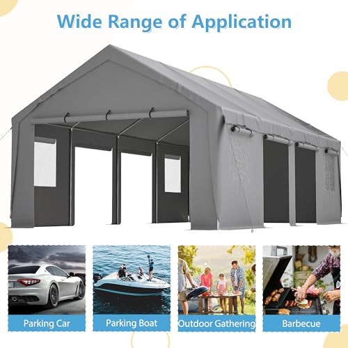 Carport 20x12ft Portable Garage with Roll-up Ventilated Windows & Removable Sidewalls P866