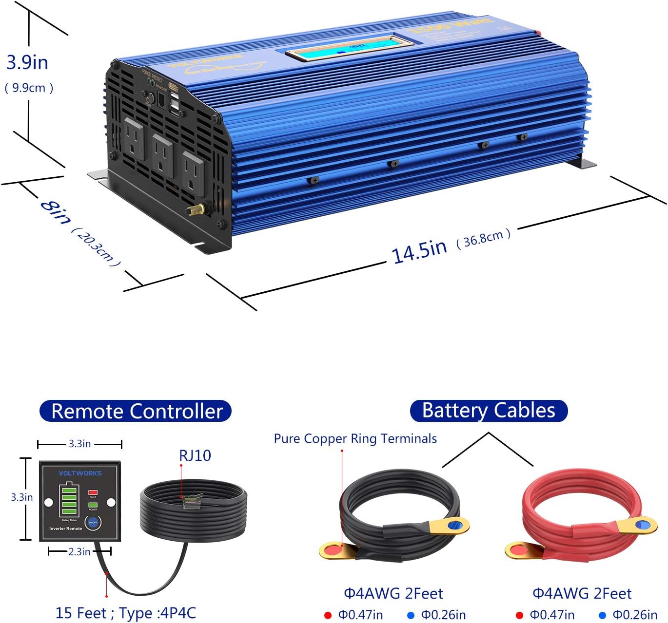1500W Pure Sine Wave Power Inverter DC 12v to AC 110V-120V with Remote Control LCD Display P88051