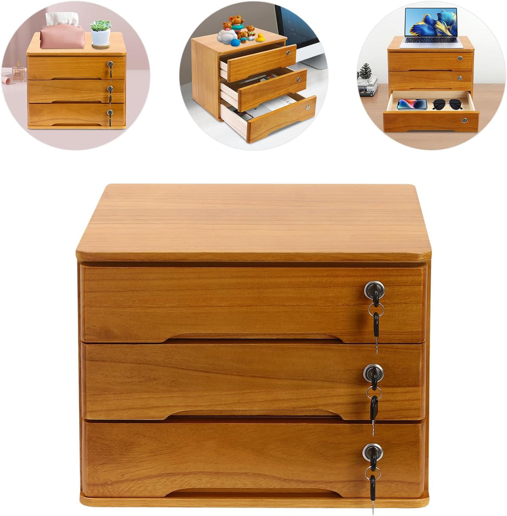 3-Tiers Wooden Desktop Storage Box with Lockable Drawers C679885