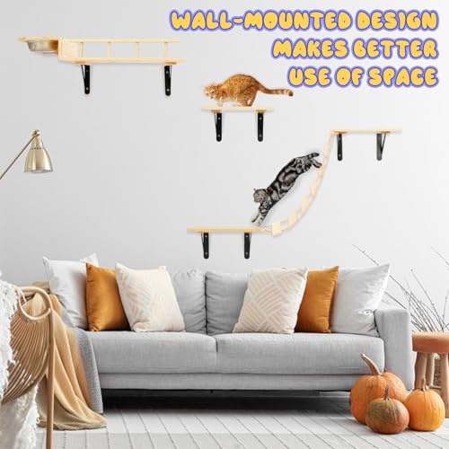 Set of 5 Cat Wall Shelves with 2 Cat Food Bowls, 1 Bridge Ladder & 3 Cat Wall Steps K53653
