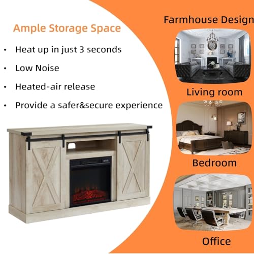 White Oak Electric Fireplace TV Stand with Sliding Barn Door, 54"x15.5"x31" E219