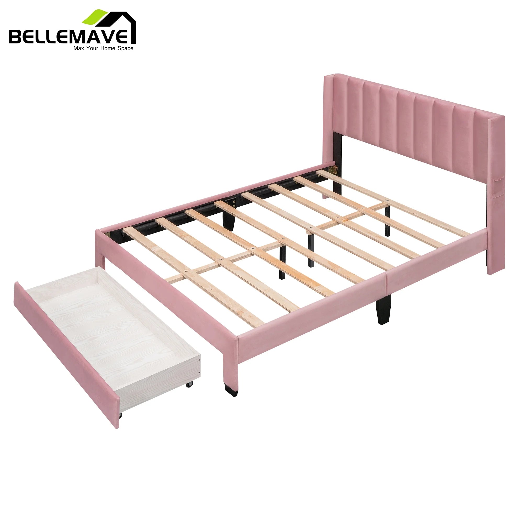Queen Size Pink Velvet Upholstered Wood Platform Bed with Drawer I3436
