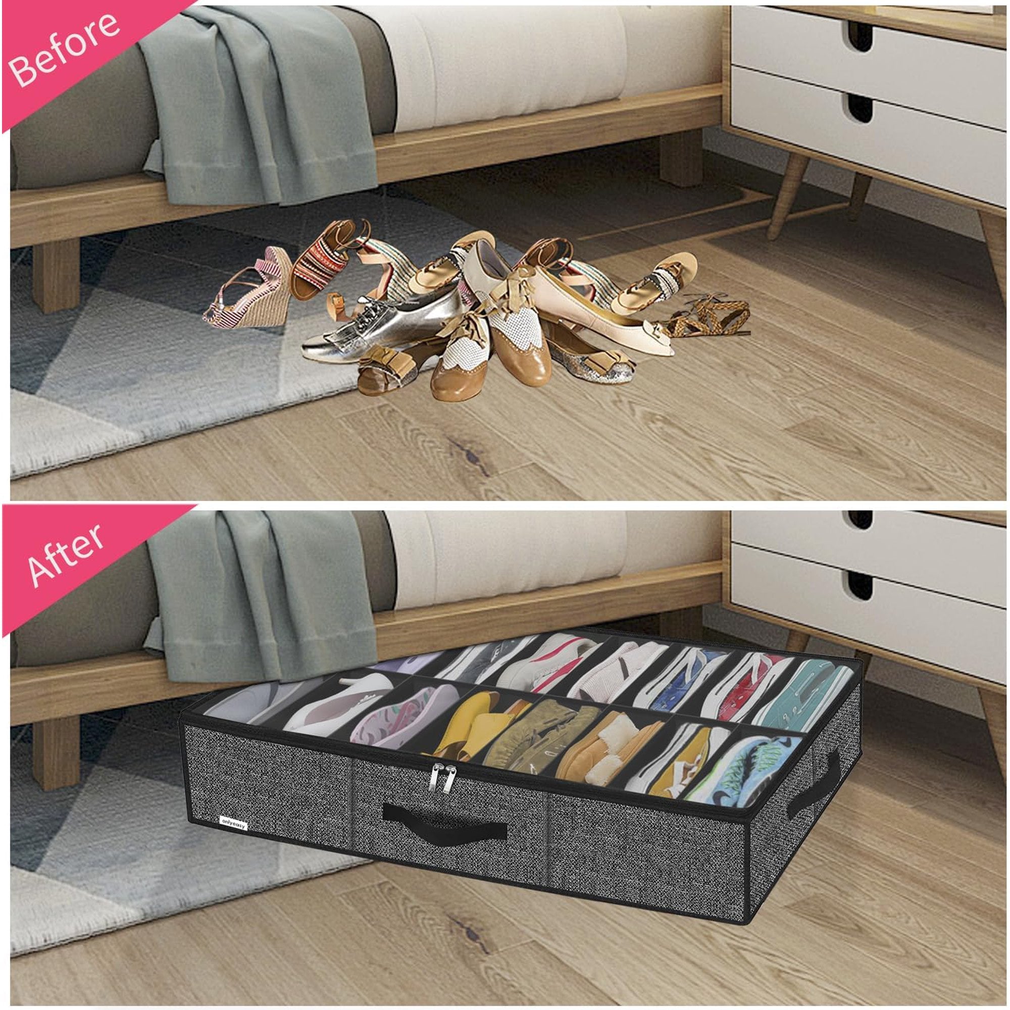 Black Linen-like Underbed Shoe Storage Organizer Q908502