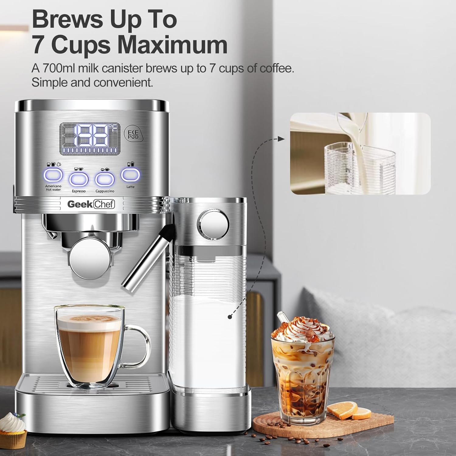 7-in-1 Espresso Machine with Automatic Milk Frother, 20 Bar, Stainless Steel A74814