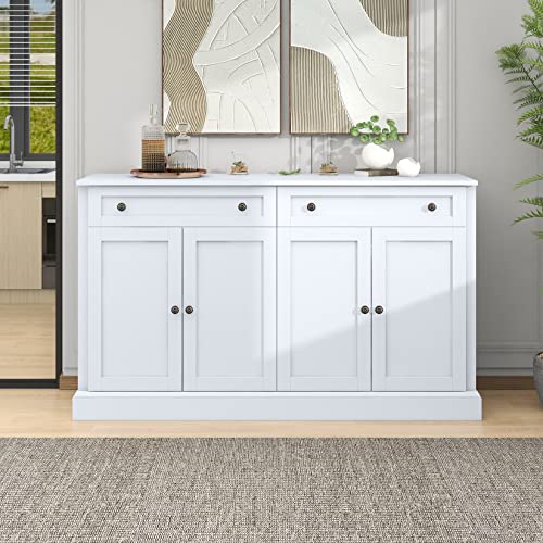 60" White 4-Door Sideboard Buffet with 2 Drawers and Adjustable Shelves S4793
