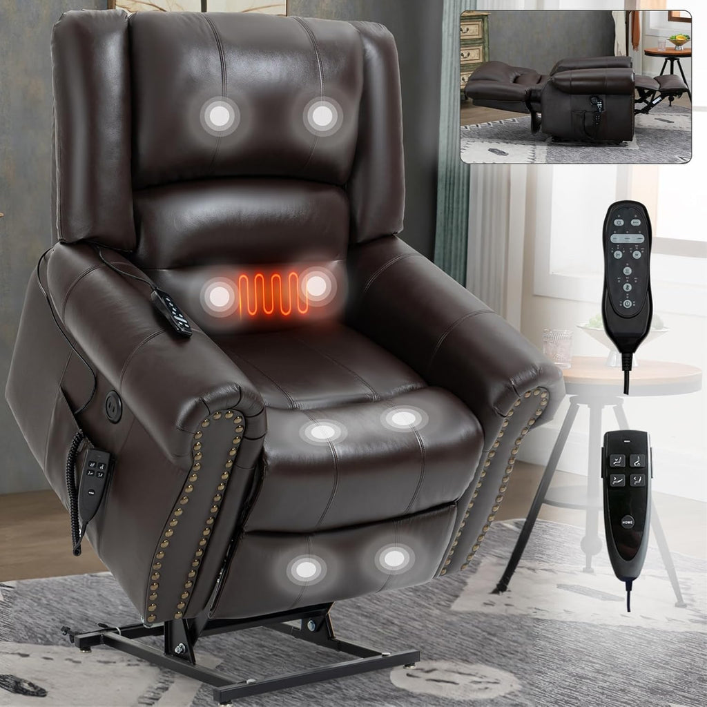 Brown Genuine Leather Power Lift Recliner Chair with Heat Massage X674518