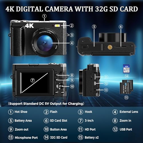 48MP Digital Camera with 16X Digital Zoom, 3" Flip Screen, 2 Batteries H4618