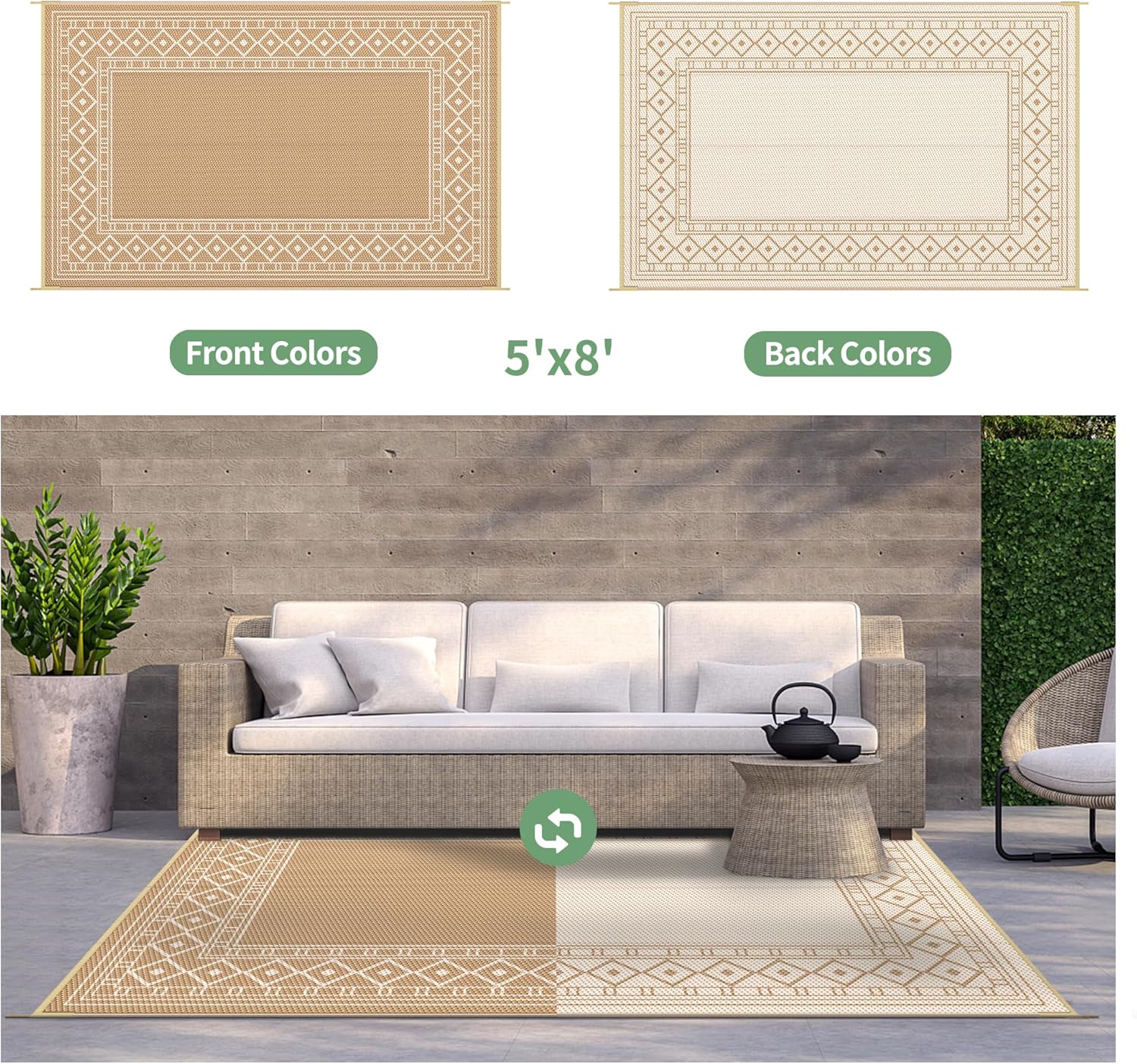 5' x 8' Waterproof Reversible Outdoor Plastic Straw Rug S1687
