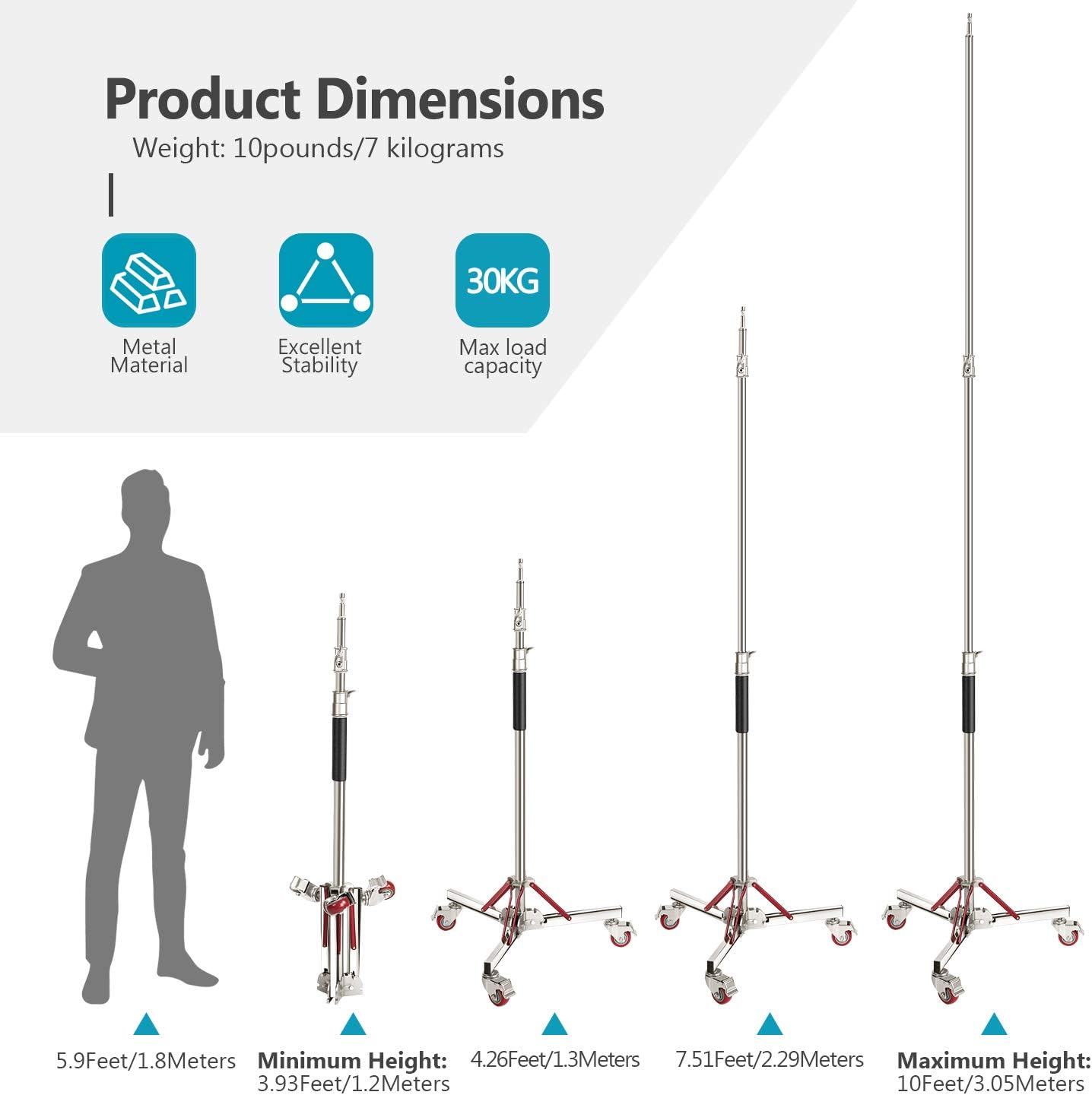 Heavy Duty Light Stand with Casters, Adjustable Tripod Stand, 100% Stainless Steel, Max Height: 10ft/305cm Y1320