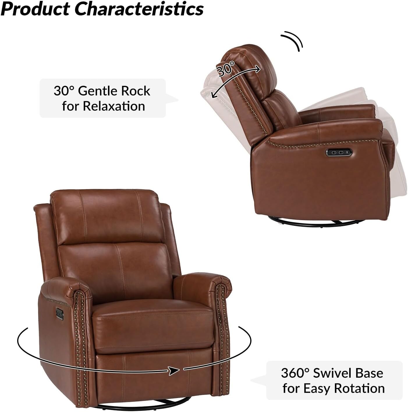Genuine Leather Power Swivel Recliner with Metal Base P838