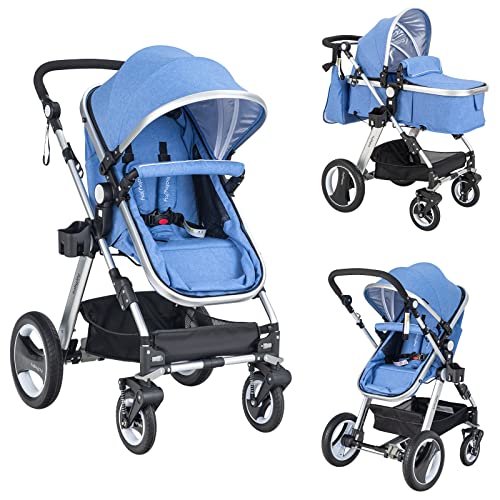 2-in-1 Convertible Bassinet Reclining Stroller with 5-Point Harness, Aluminum Structure, Khaki X47030