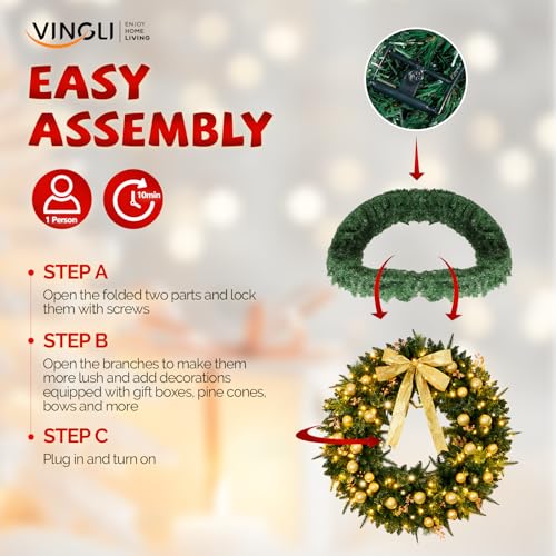 48 Inch Pre-lit Artificial Christmas Wreath with 150 LED Lights and 450 PVC Branch Tips L7424