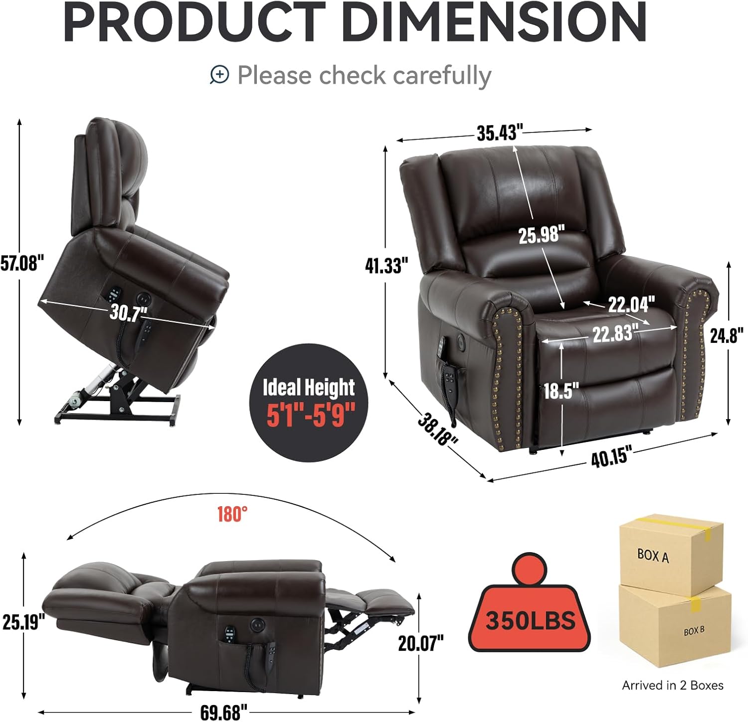 Brown Genuine Leather Power Lift Recliner Chair with Heat Massage X674518