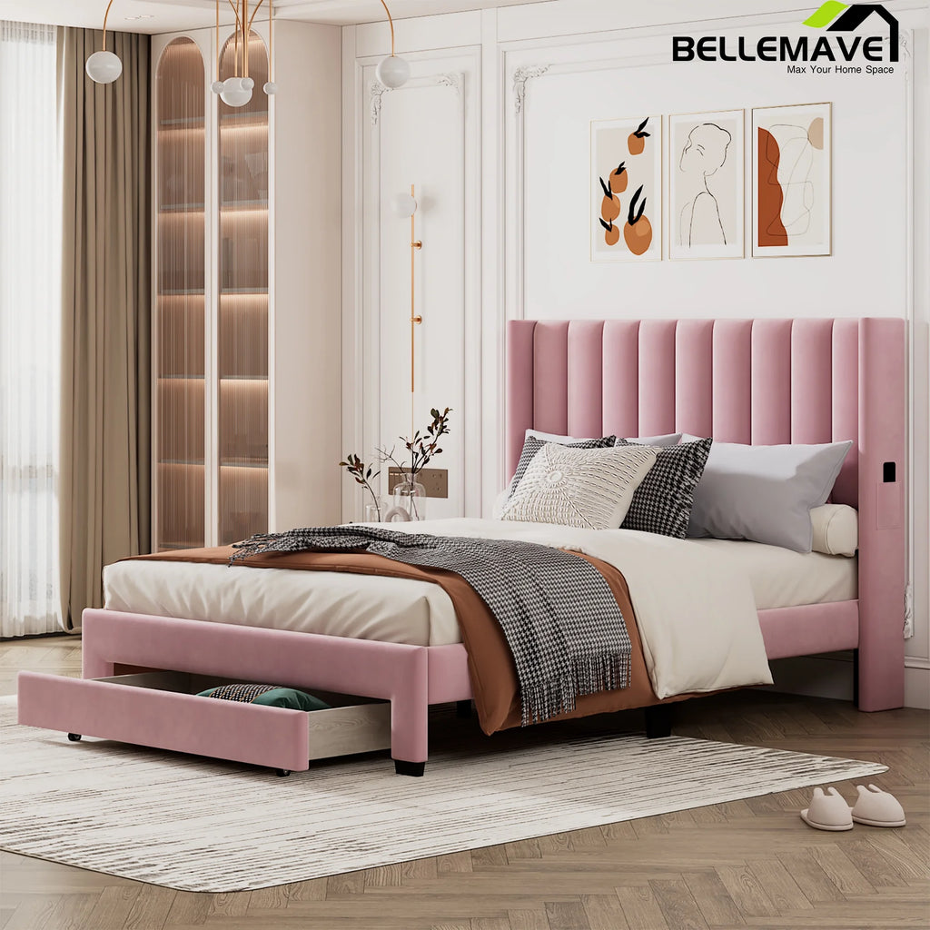 Queen Size Pink Velvet Upholstered Wood Platform Bed with Drawer I3436