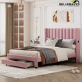 Queen Size Pink Velvet Upholstered Wood Platform Bed with Drawer I3436