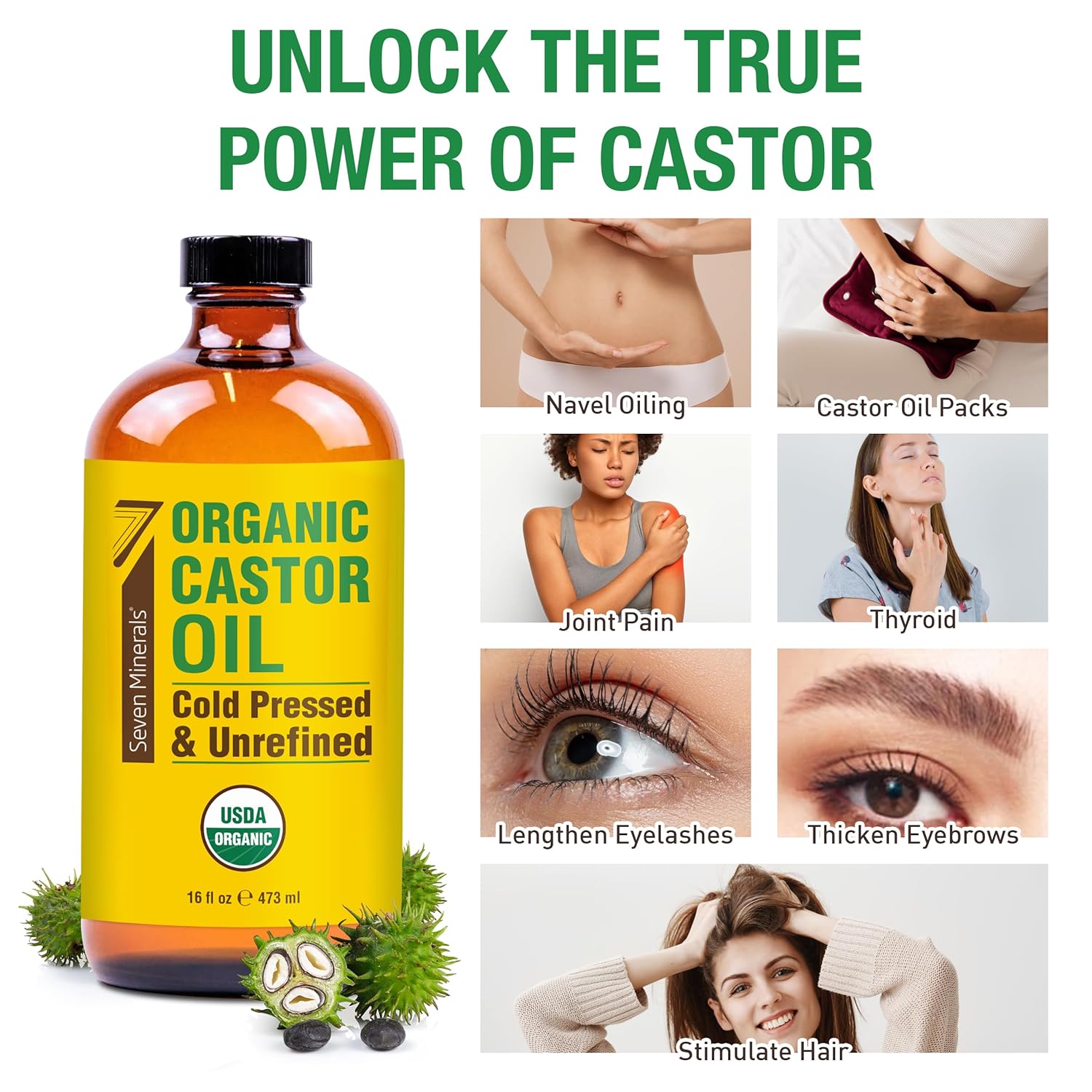 16 fl oz Glass Bottle Castor Oil Organic Cold Pressed Unrefined Q9026