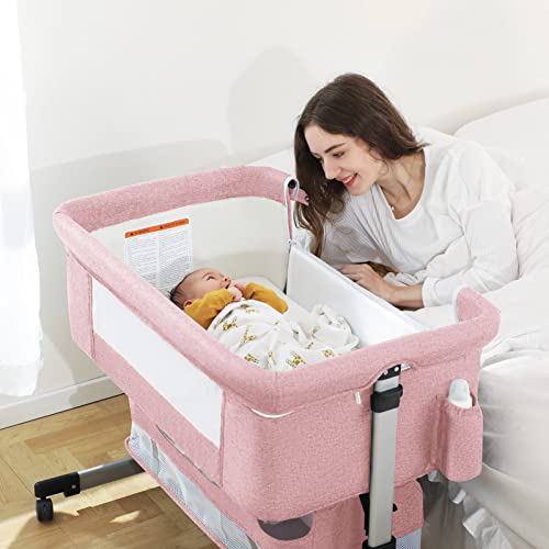 Pink Baby Bassinet Bedside Sleeper with Storage Basket A52626