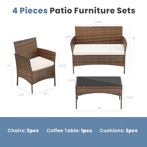 Black 4 Piece Outdoor Wicker Patio Furniture Set with Coffee Table and Sofa Y795177