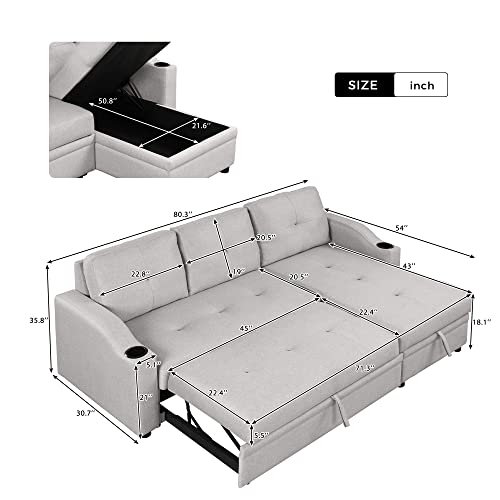 80.3" Linen Fabric 3 Seater Sofa Bed with Storage Chaise W6260