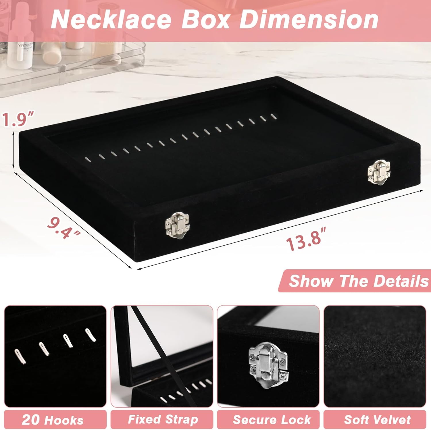 20 Hooks Velvet Jewelry Tray Necklace Organizer Box with Clear Lid C76389