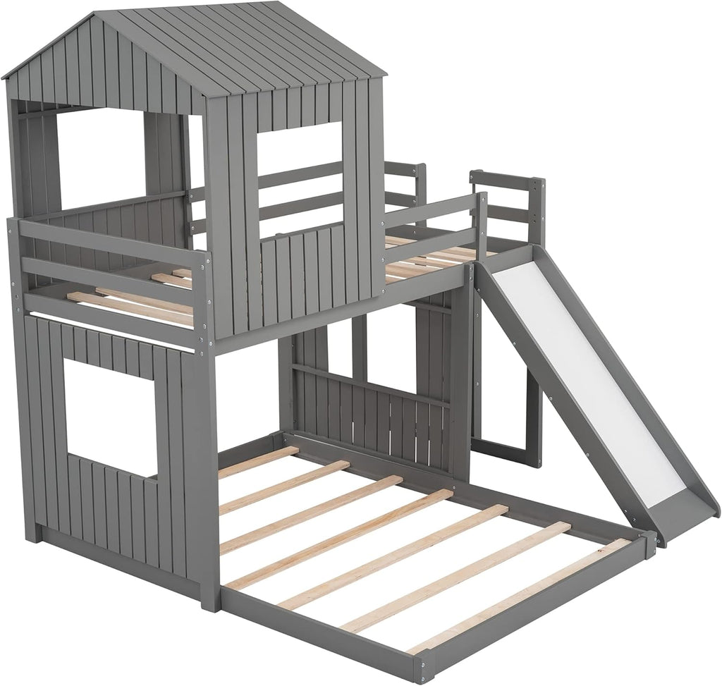 Gray Wood Twin Over Full Bunk Bed with Ladder and Slide J79221