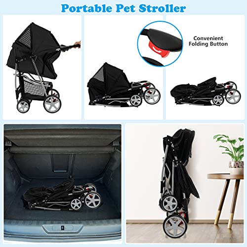 4 Wheels Folding Pet Stroller with Storage Basket and Adjustable Canopy C4318