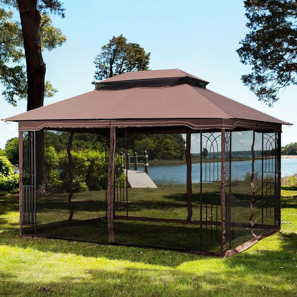 Brown Outdoor Patio Gazebo Canopy Tent With Mosquito Net L61025