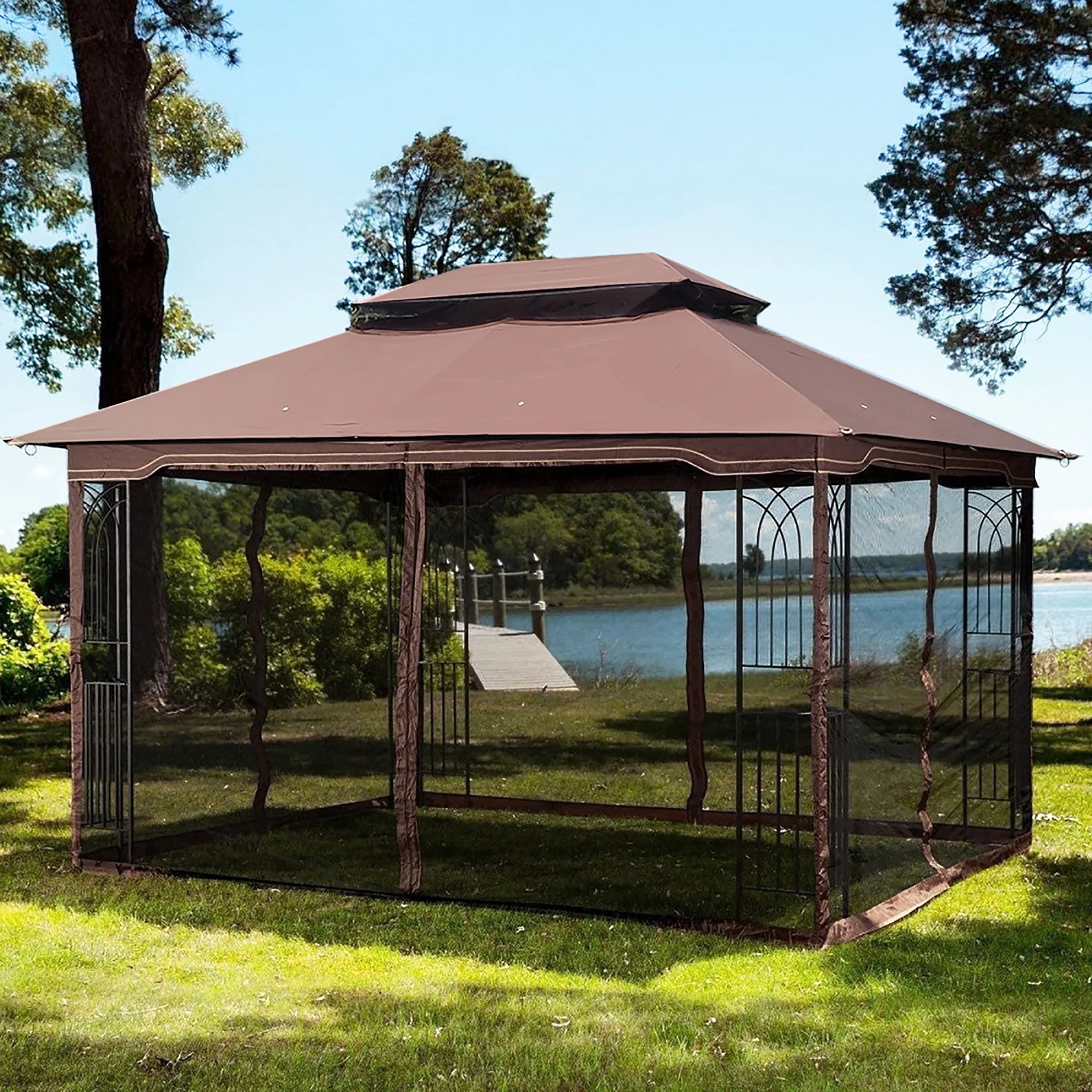 Brown Outdoor Patio Gazebo Canopy Tent With Mosquito Net L61025