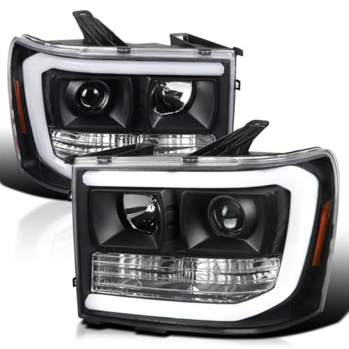 LED Light Bar Chrome Housing Projector Headlights for GMC Sierra 1500 2500HD 3500HD Left Right Pair Headlamps Assembly G587