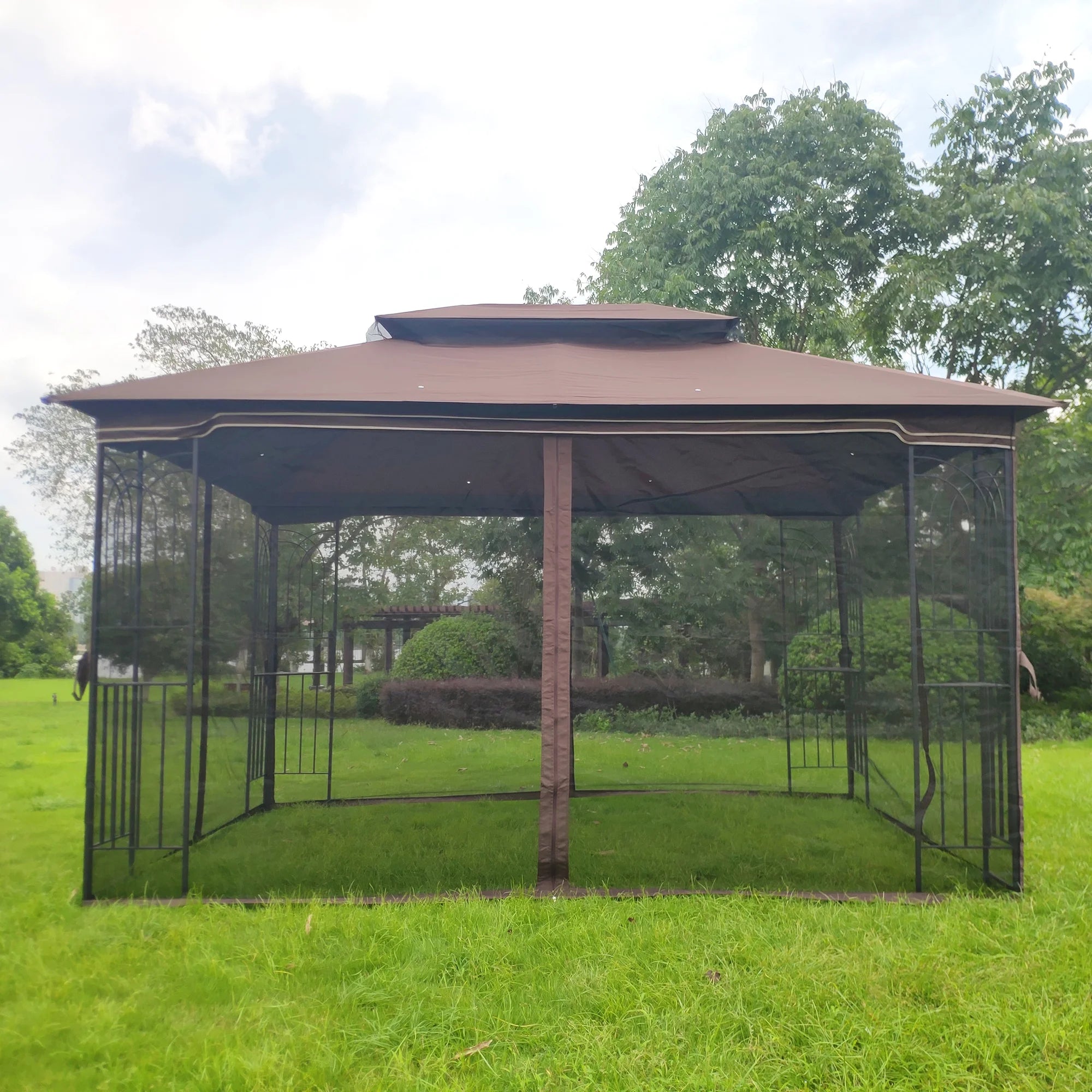 Brown Outdoor Patio Gazebo Canopy Tent With Mosquito Net L61025