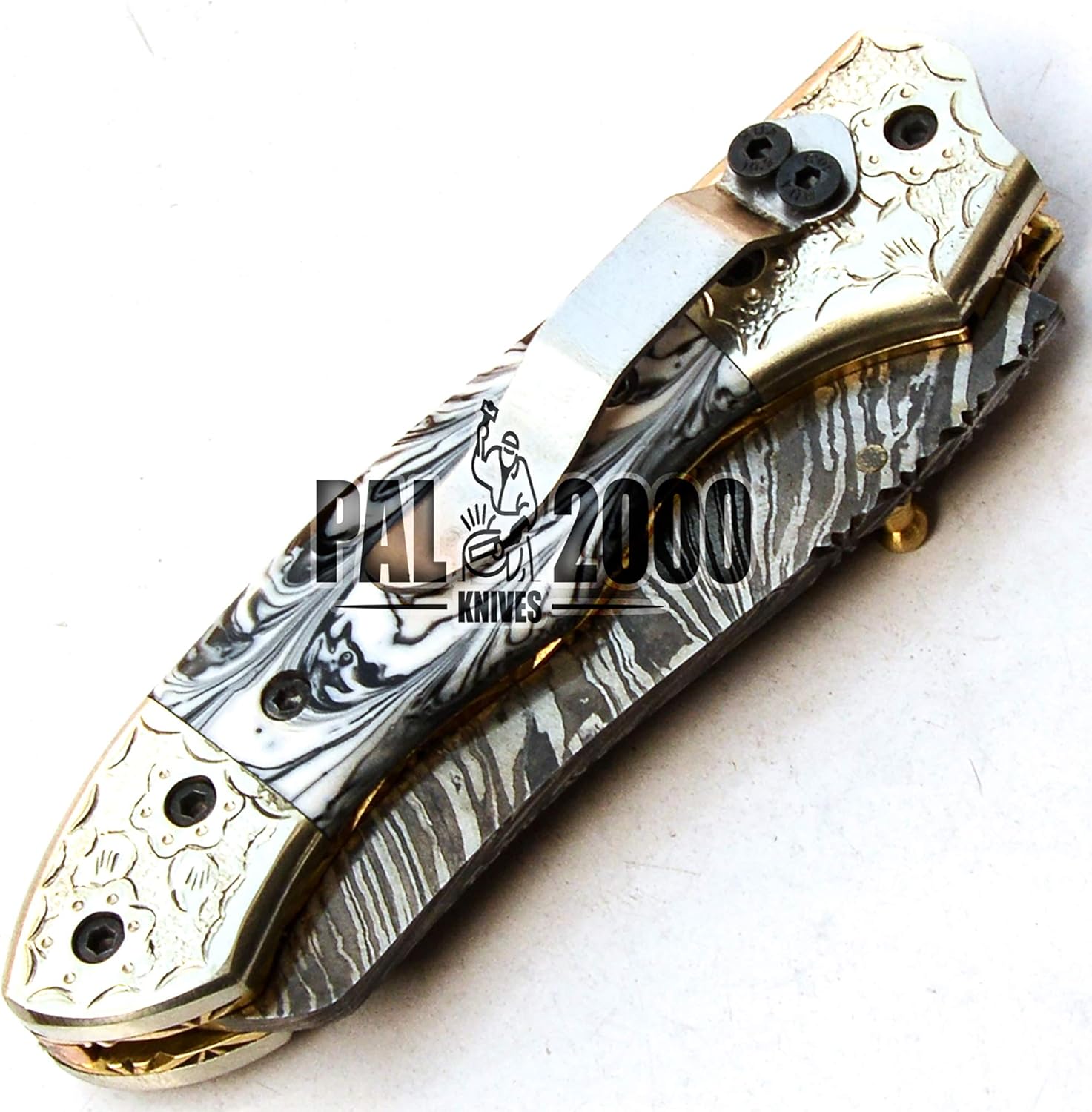 Handmade Damascus Steel Folding Pocket Hunting Knife with Sheath P1925