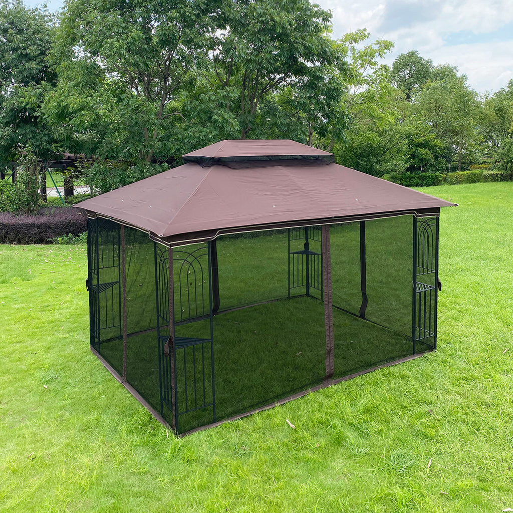 Brown Outdoor Patio Gazebo Canopy Tent With Mosquito Net L61025