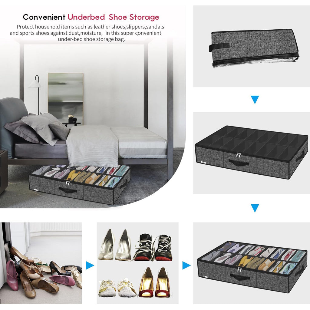 Black Linen-like Underbed Shoe Storage Organizer Q908502