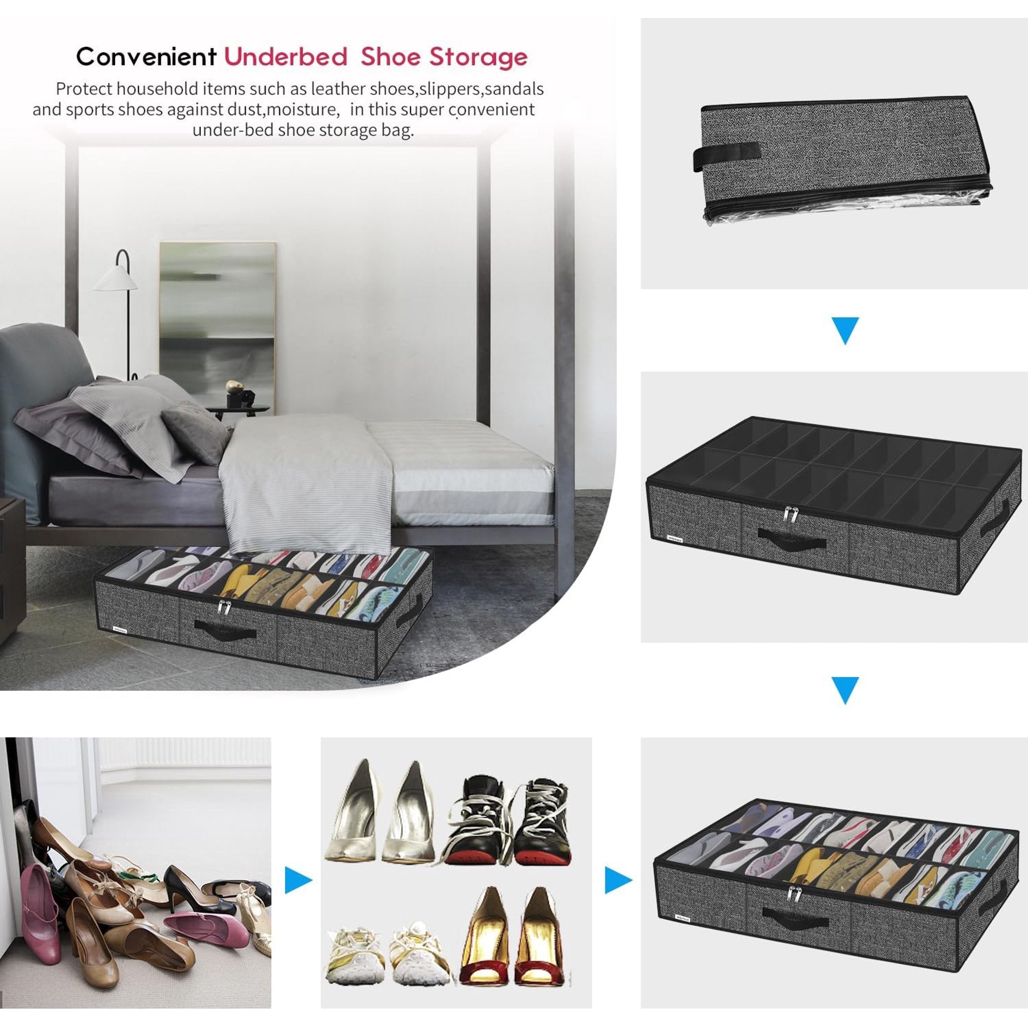 Black Linen-like Underbed Shoe Storage Organizer Q908502