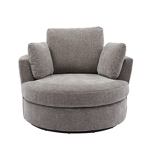 Beige Oversized Round Chenille Swivel Accent Barrel Chair with 3 Pillows F81308