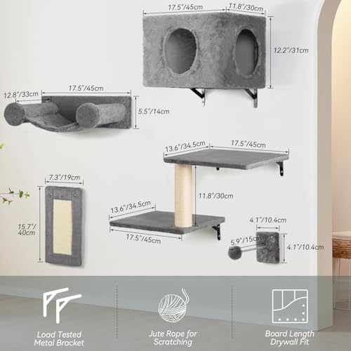 5-in-1 Wall-Mounted Cat Climber Set with House, Bridge, Steps, Scratcher, Hammock, Shelves E936035