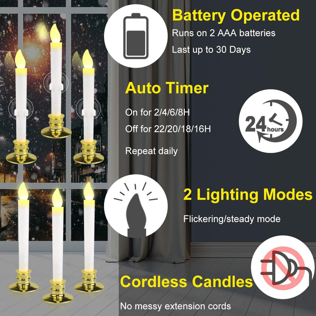 6 Set Gold LED Flameless Taper Candles with Timer A92344