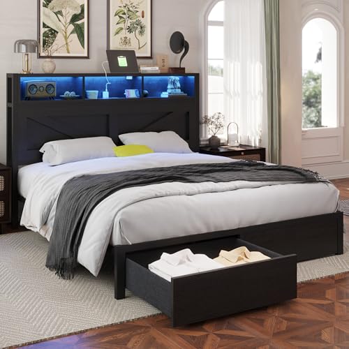 Rustic Brown Full Bed Frame with Bookcase Headboard and Storage Drawers G373360