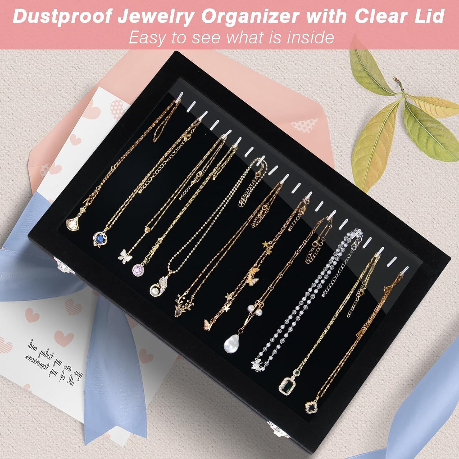 20 Hooks Velvet Jewelry Tray Necklace Organizer Box with Clear Lid C76389