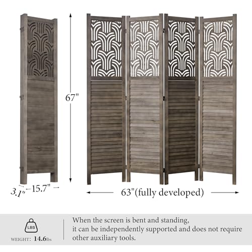 4 Panel Gray Wood Carved Folding Room Divider U138