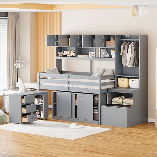 White Low Wood Loft Bed Twin Size with Rolling Desk and Drawers X6776