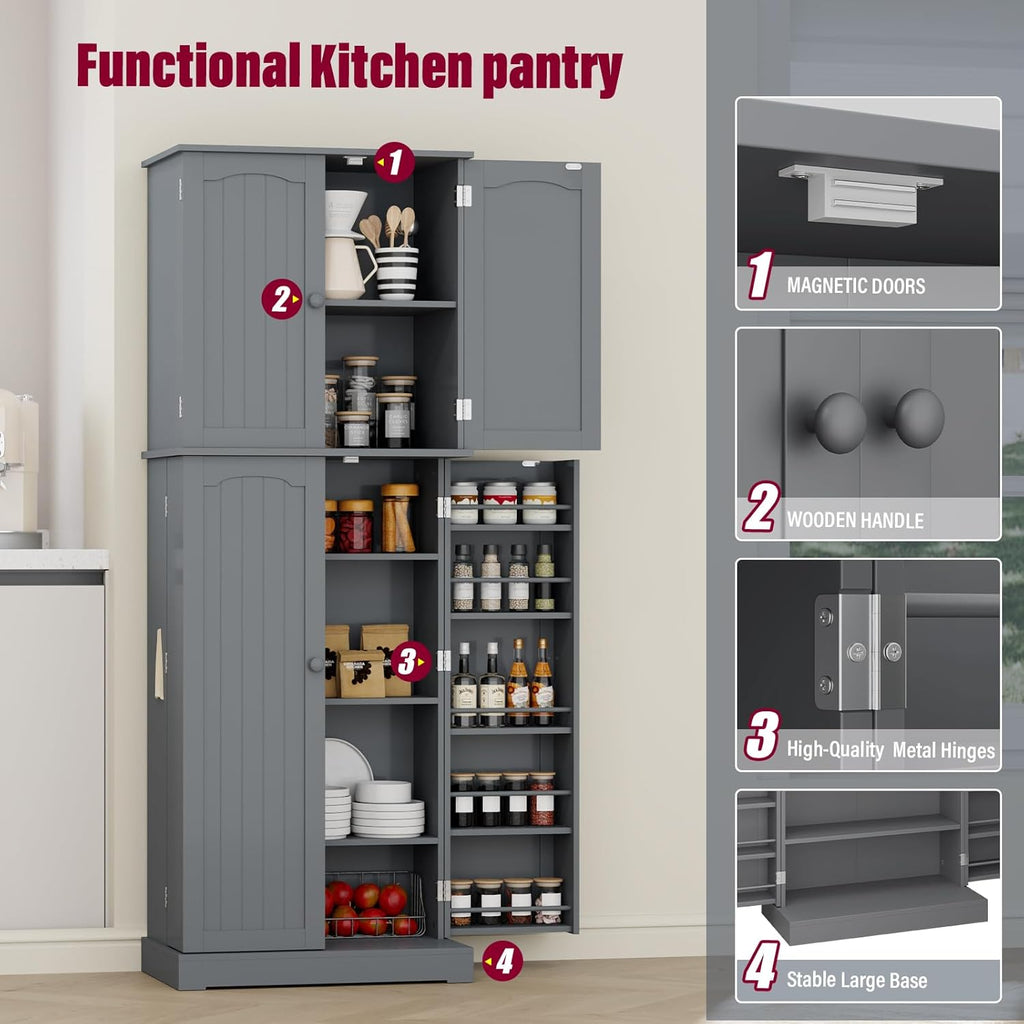 Gray Tall Freestanding Kitchen Pantry Cabinet with Doors and Shelves C345168