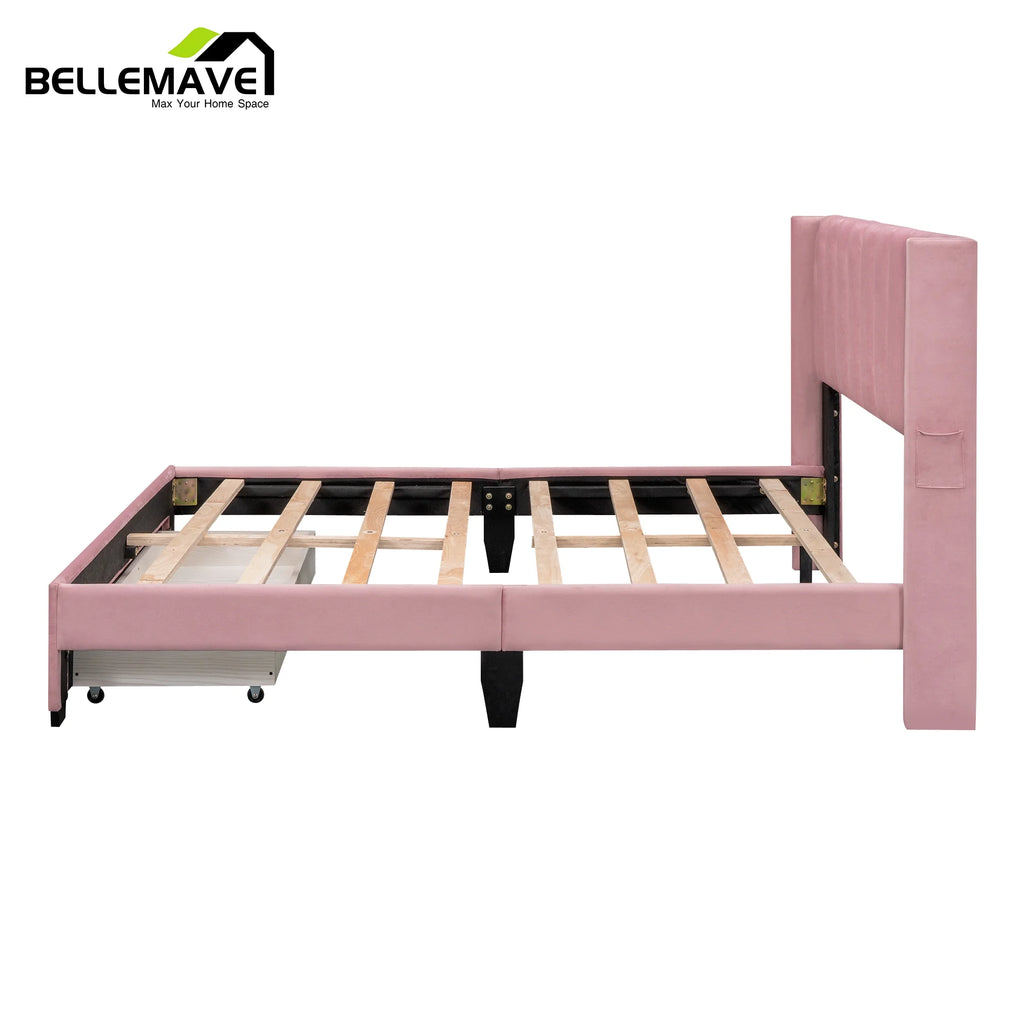 Queen Size Pink Velvet Upholstered Wood Platform Bed with Drawer I3436