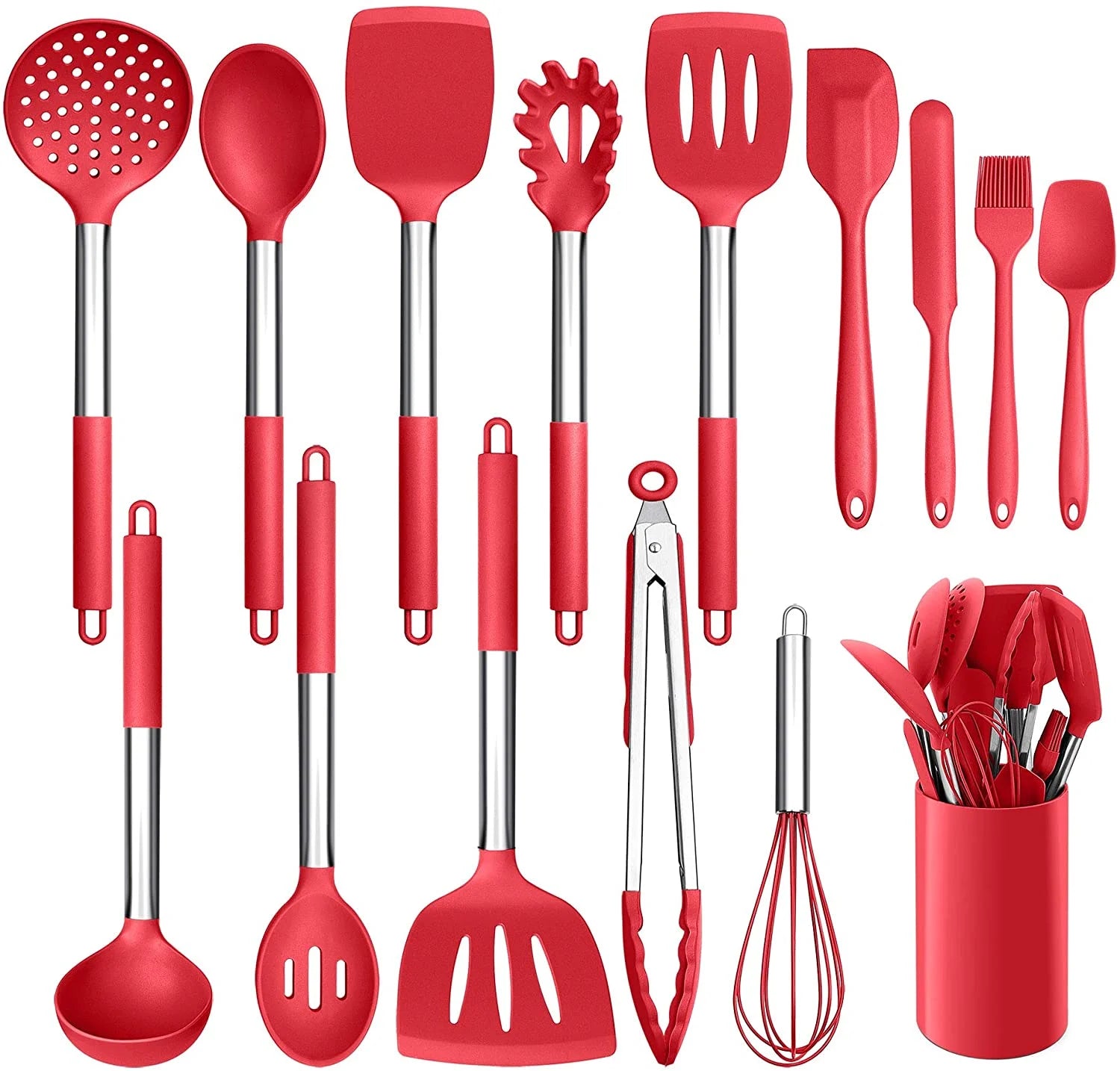 15 Pcs Silicone Non-stick Cooking Utensil Set with Stainless Steel Handle T299955